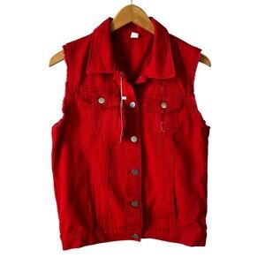 NWT Women's Denim Jeans Vest Jacket Red Size XL Casual Distressed Punk Goth Edgy